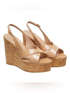 Stuart Weitzman Dayna Patent Cork Wedge Adobe Platform  Slingback Sandals EUC